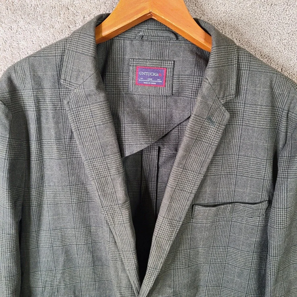 UNTUCKit Jacket Mens 48R Gray Glen Plaid Blazer 2 Button Cotton Blend Stretch